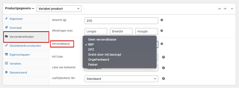 WooCommerce mailbox verzendklasse product